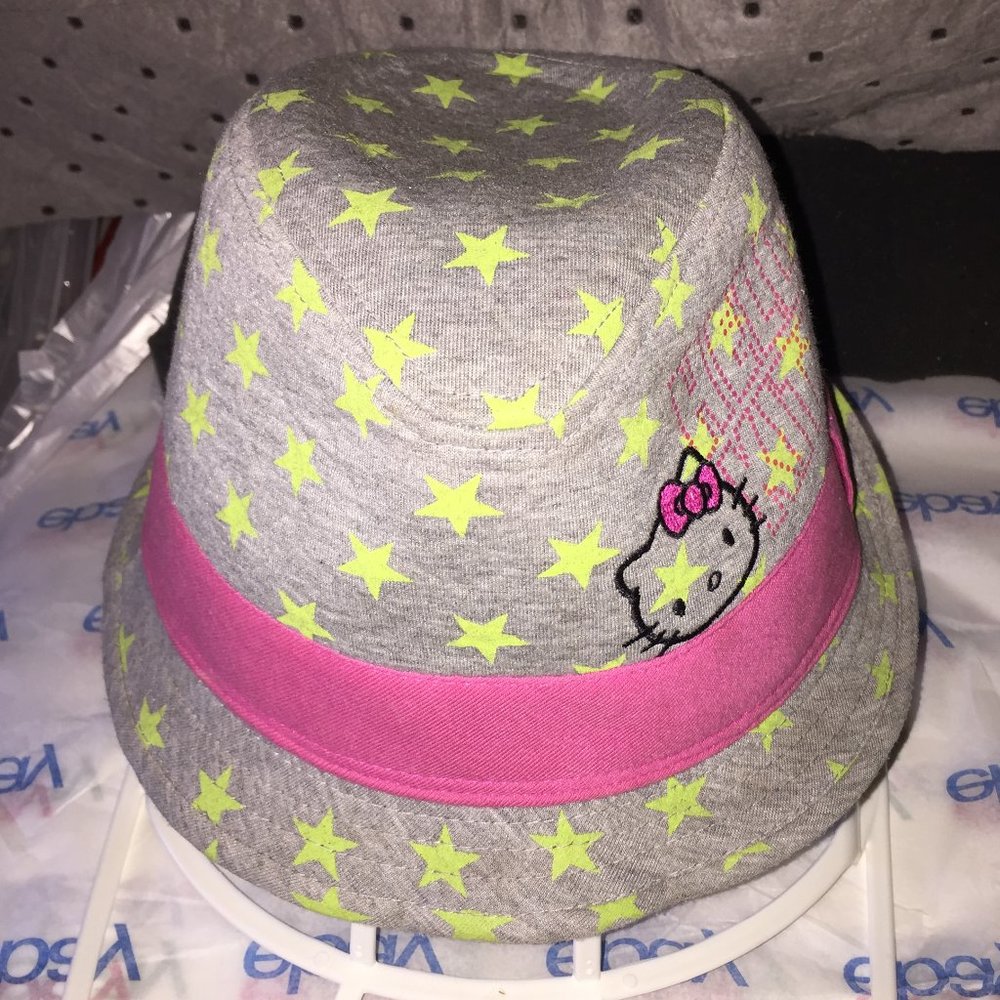 Hello Kitty Gray Fedora Hat with Yellow Stars Embroidered and Pink Band M/L
